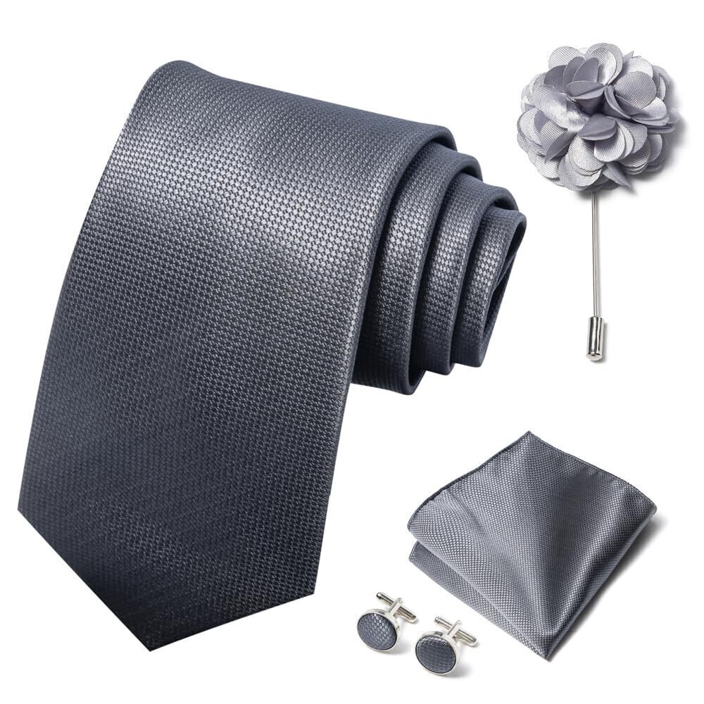 7325 Solid Color Ties Set Handkerchief Cufflinks Brooch 3.15 inches Classic